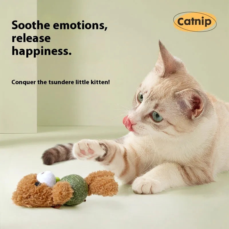 Plush cat toy with catnip ball and bell in animal designs for feline dental relief and play
