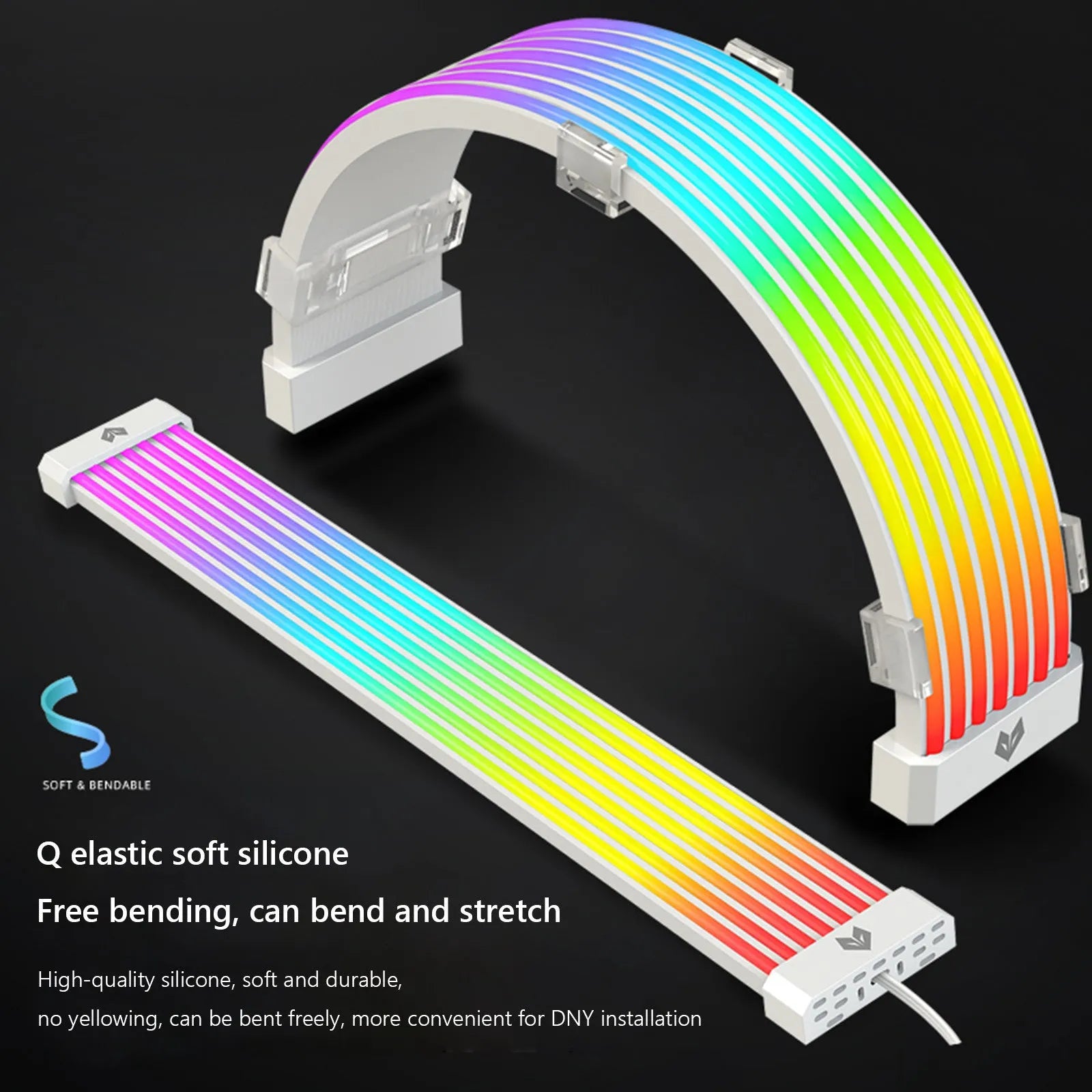 White ABS computer case neon light bar with 44 LED beads, 300mm length, multi-angle adjustment, and cable ties