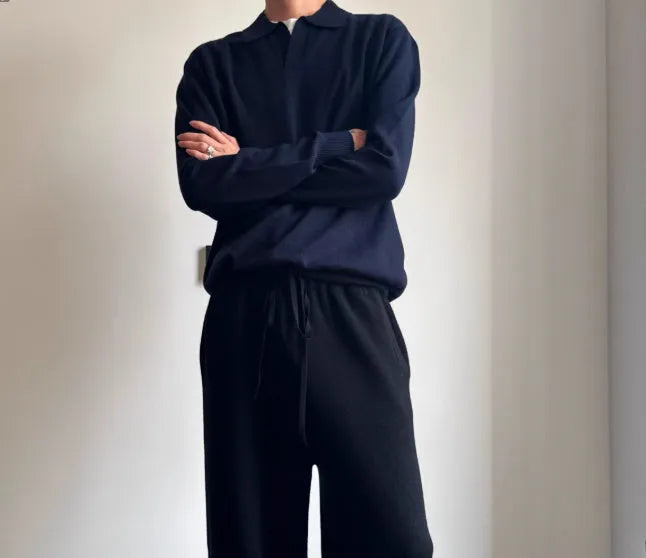 Pure wool lapel polo sweater in loose fit, shown in milky white and navy blue.