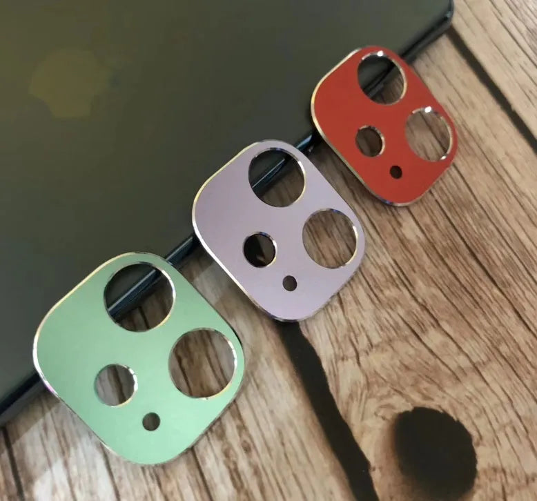 Metal camera lens protection ring for iPhone 11 and iPhone 11 Pro compatible cases in various colours.