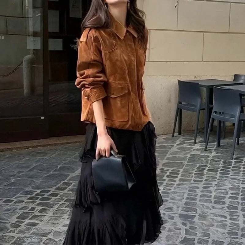 Women's brown suede coat street chic regular sleeve jacket in polyester fabric