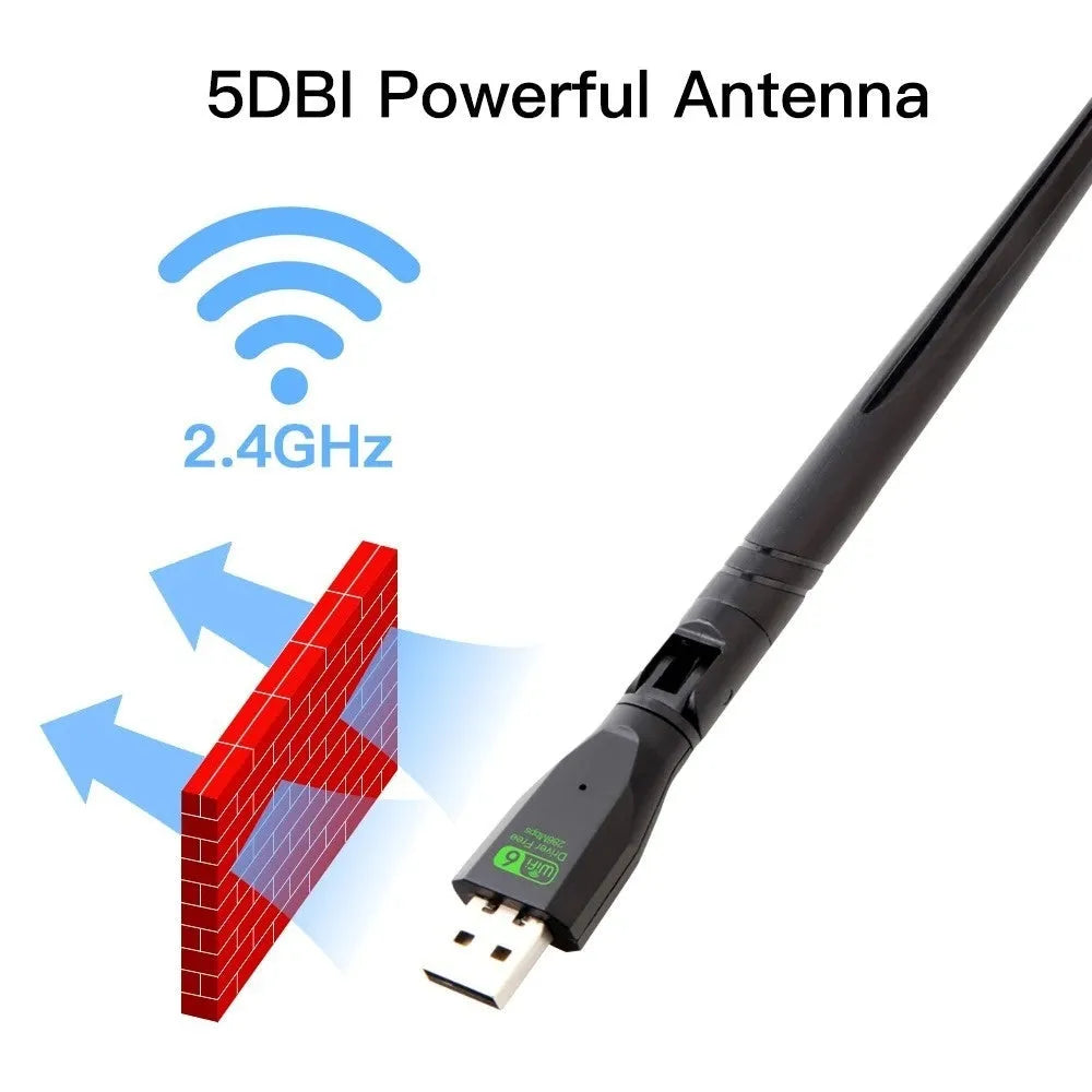 Black USB WiFi6 wireless network card dongle with driver-free installation