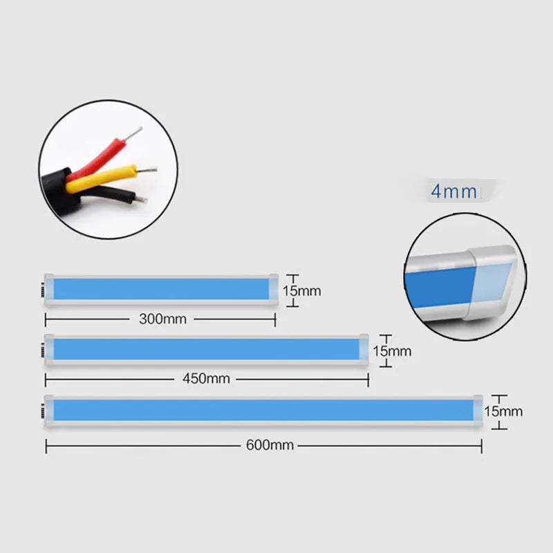 Silicone car LED daytime running light strip with wires, showing flowing turn signal effect.