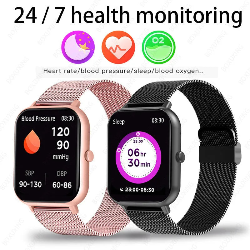 ZL54C smart watch on wrist showing health stats on AMOLED screen, with Milanese steel strap option.
