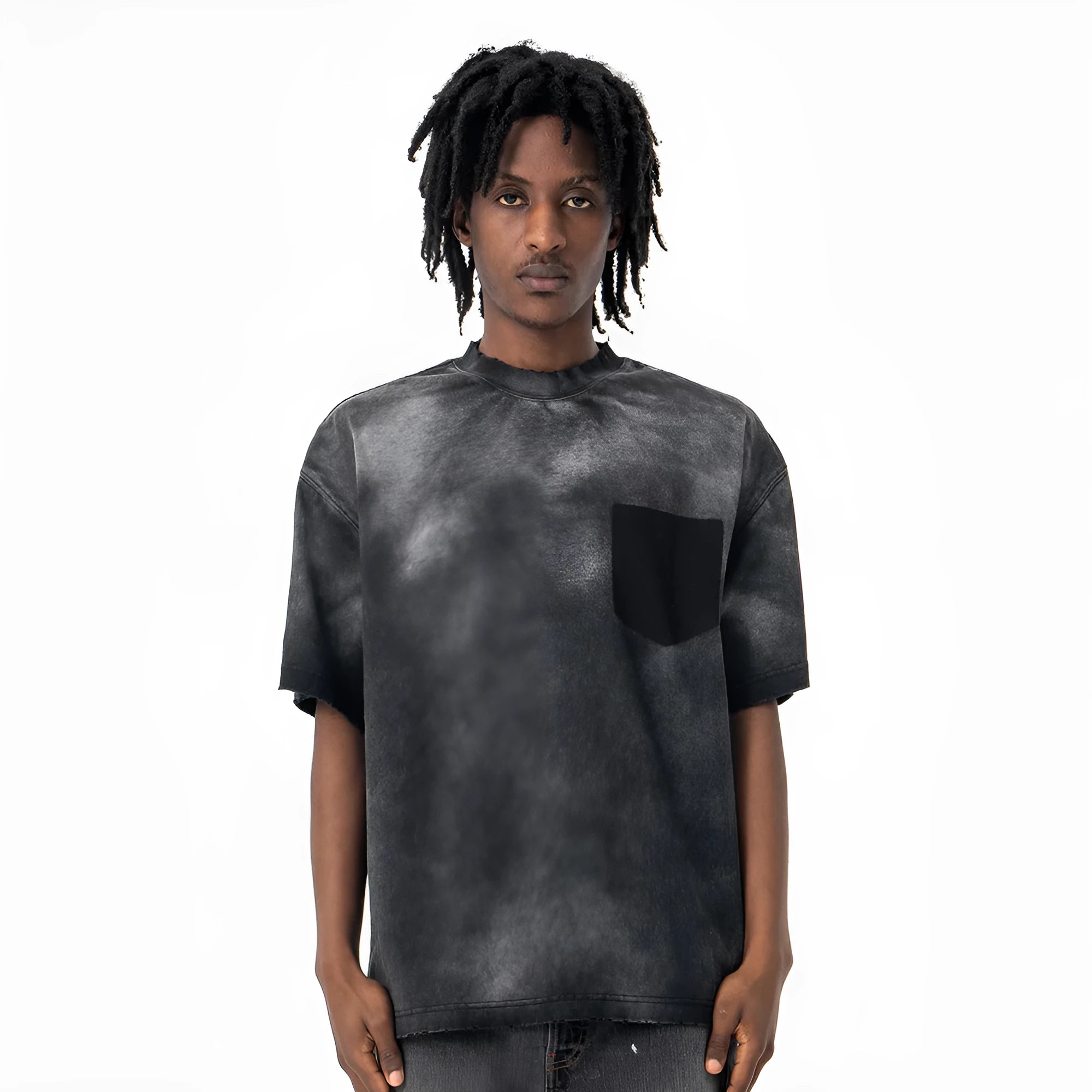 Black men's loose fit graphic t-shirt with drop shoulder sleeves on mannequin