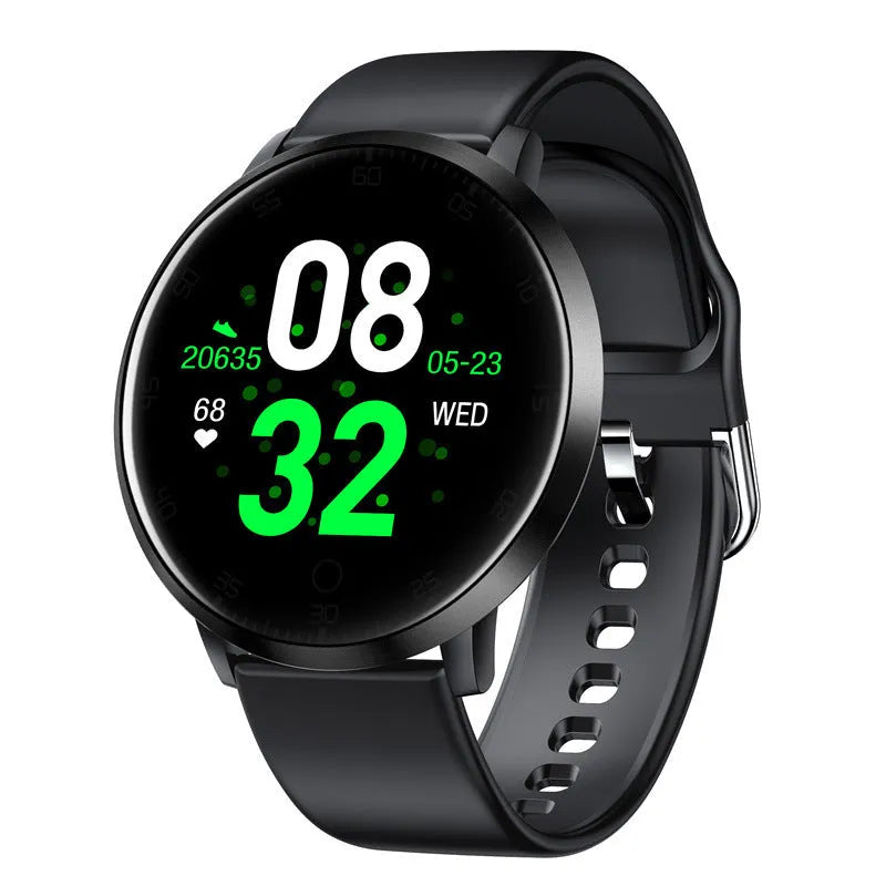 Black ultra-thin smart health bracelet with 1.3-inch touch screen on silicone wrist strap.