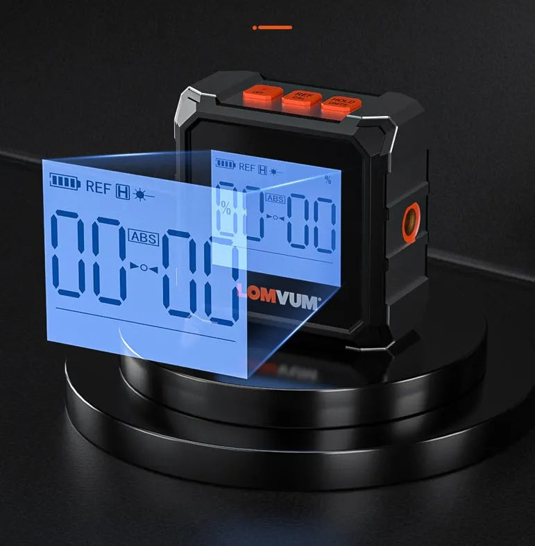 Black digital laser infrared tape measure with alloy casing and backlit display screen.