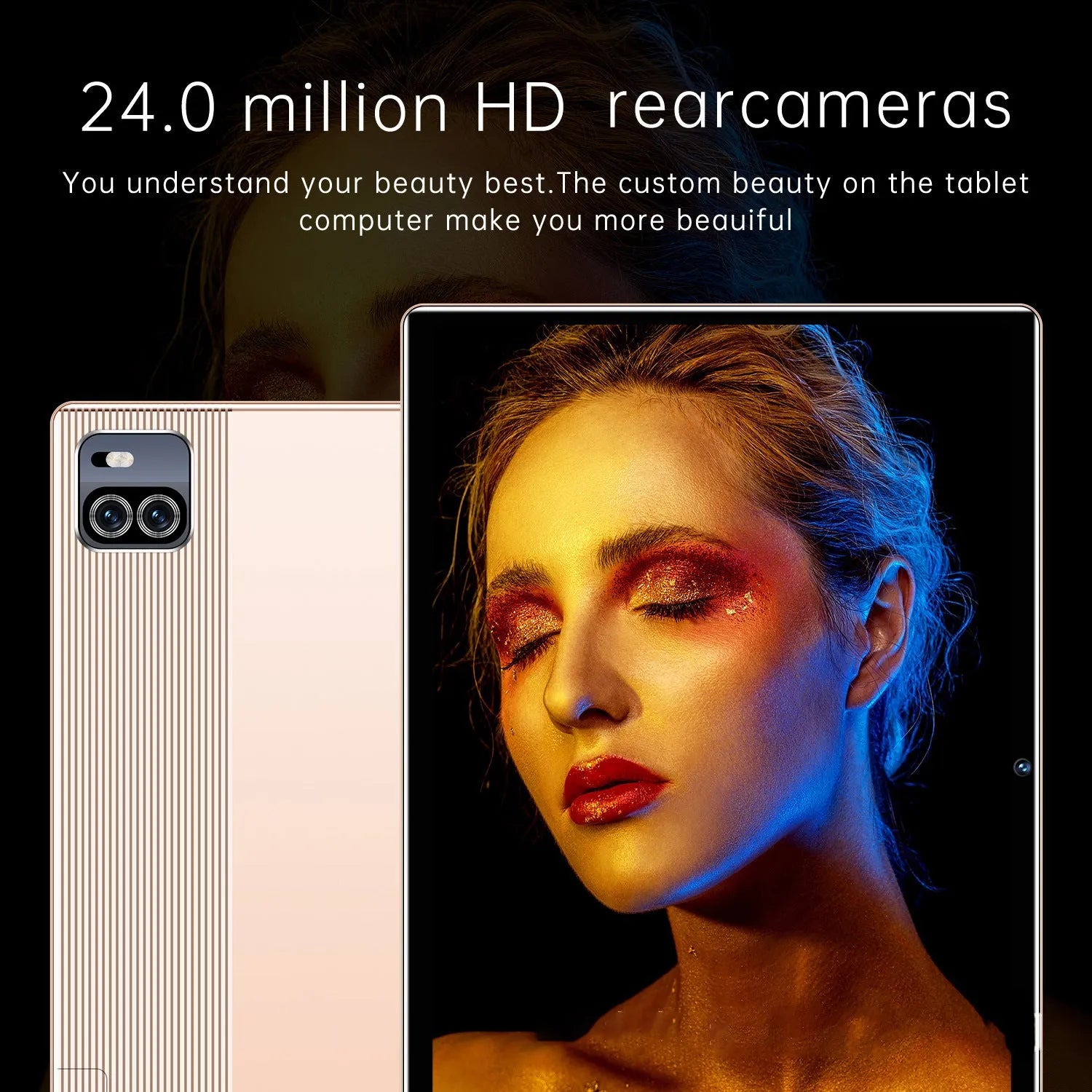 10.1 inch Voice Call HD Smart Game Tablet in gold with blue and gray colour options showing screen and front view