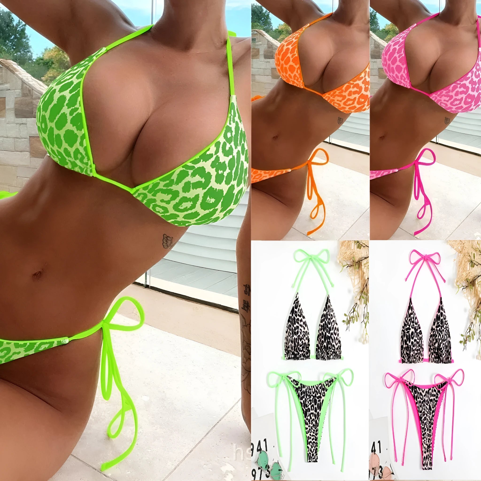 Women's lace-up front triangle split bikini in polyester fabric with adjustable design