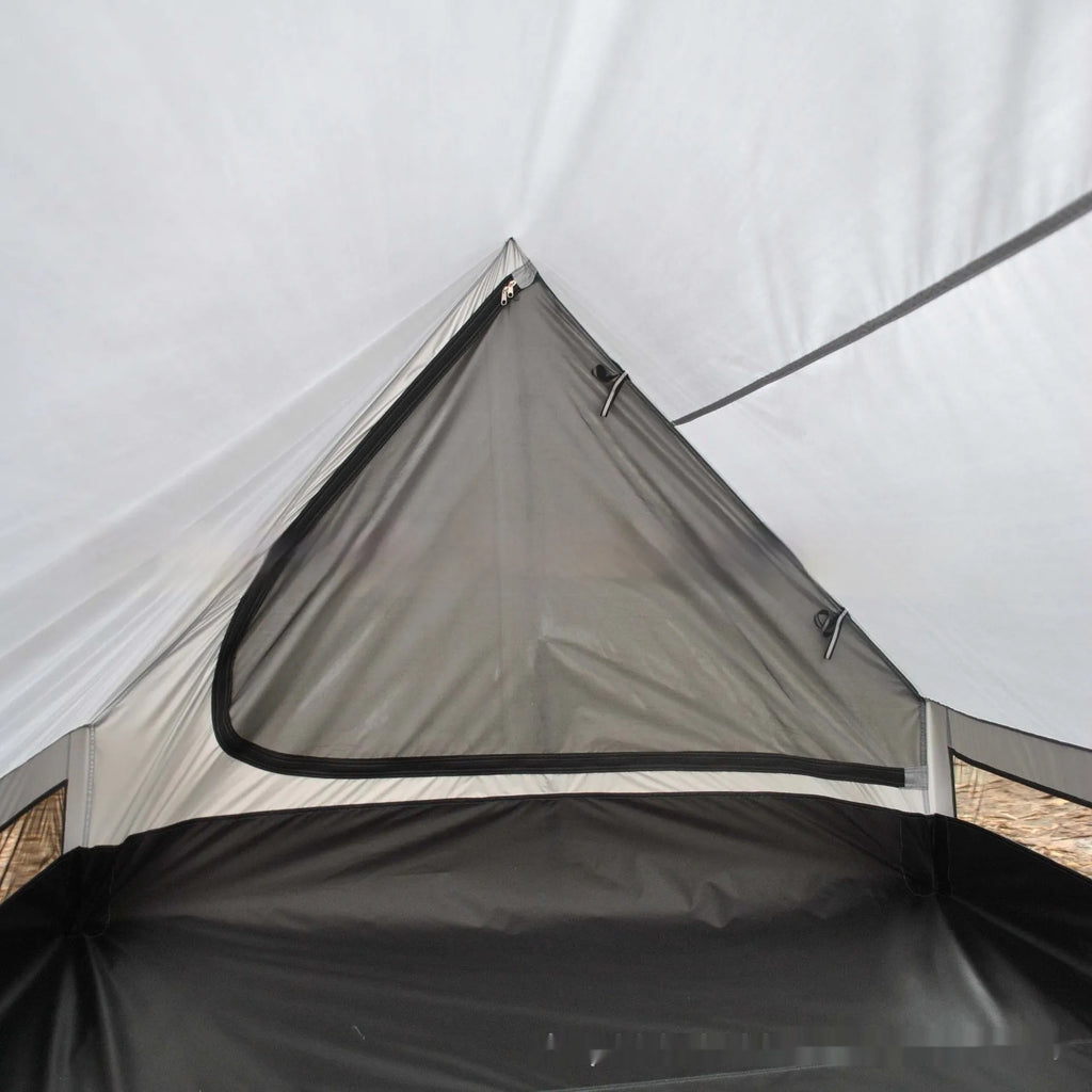 Brown A-line trekking tent pitched using hiking poles with dimensions 210x150x110cm
