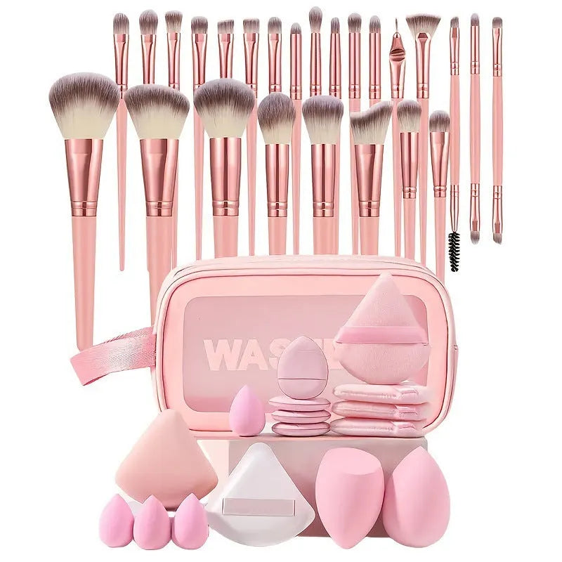 40-piece beauty tools major combination suit with hydrophilic non-latex face wash and makeup tools in Brown, Pink, Purple