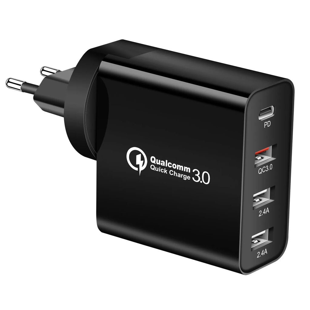 Black four-port USB-C wall charger with UK, EU, US, and AU plug adapters