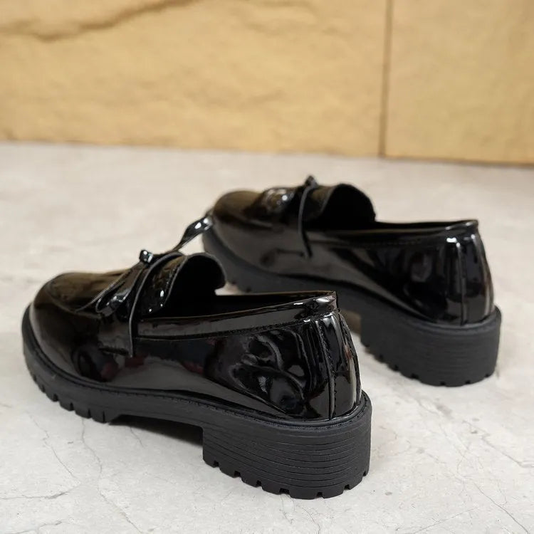 Women's brown and black loafers with bow detail in artificial PU leather for spring and autumn wear