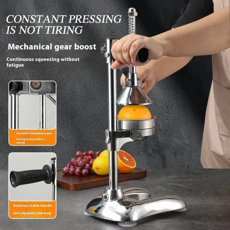 Stainless steel manual vertical juicer with zinc alloy parts and selectable head styles on a kitchen counter.