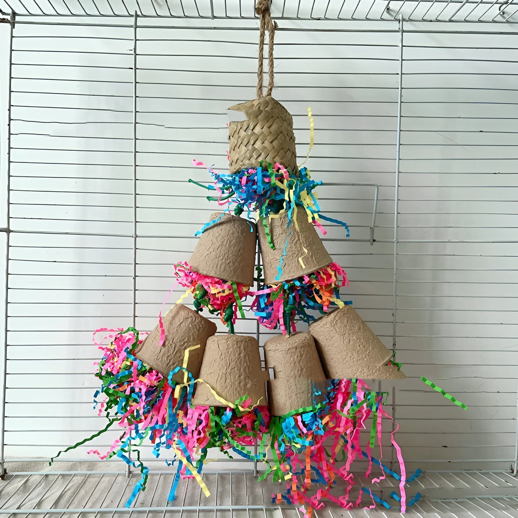 Parrot paper cup palm weaving gnawing toy hanging with natural wood colour