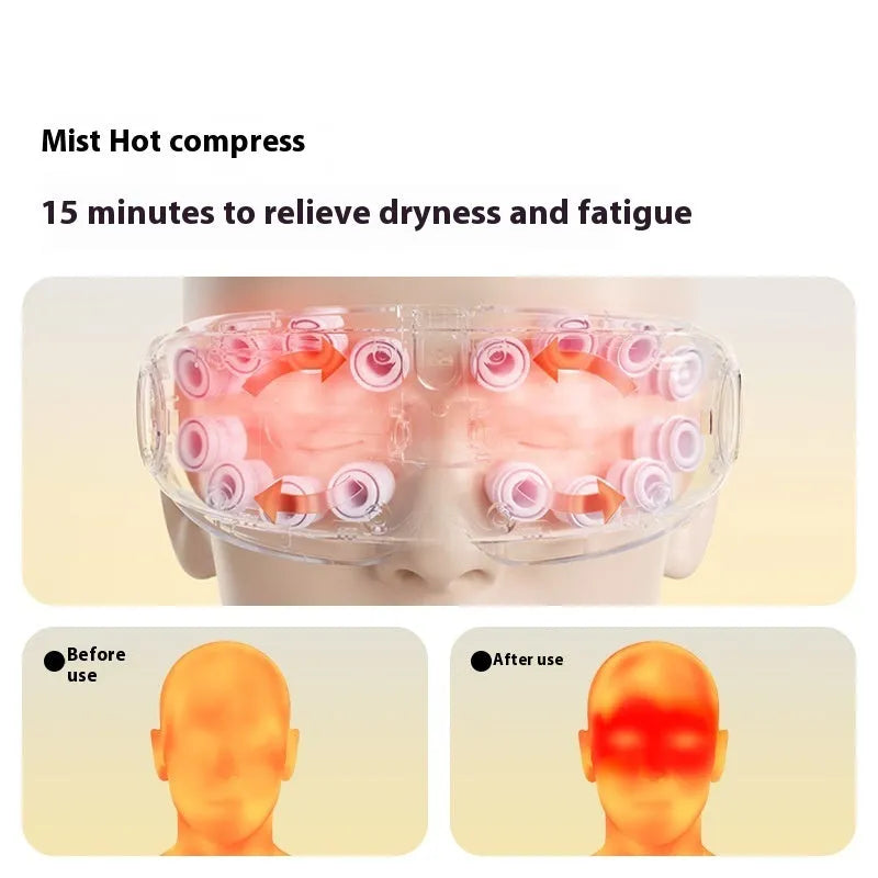Bluetooth steam eye moisturising hot compress massage device in purplish gray, green, or ink gray colour.