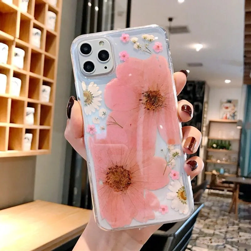 Floral print TPU phone case for iPhone showing pink flower design on back cover