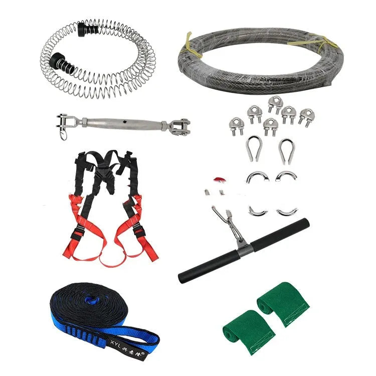 Ziptreck 10 metre children's outdoor pulley slide rope set with handle and metal components.