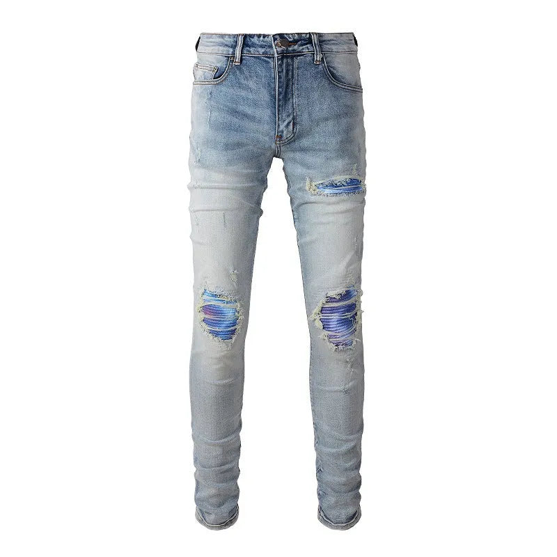 Bright white washed distressed cat beard patch ripped slim straight leg mid waist jeans cotton denim