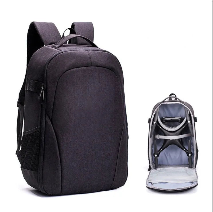 Black oxford cloth drone backpack showing laptop compartment and internal organisation pockets