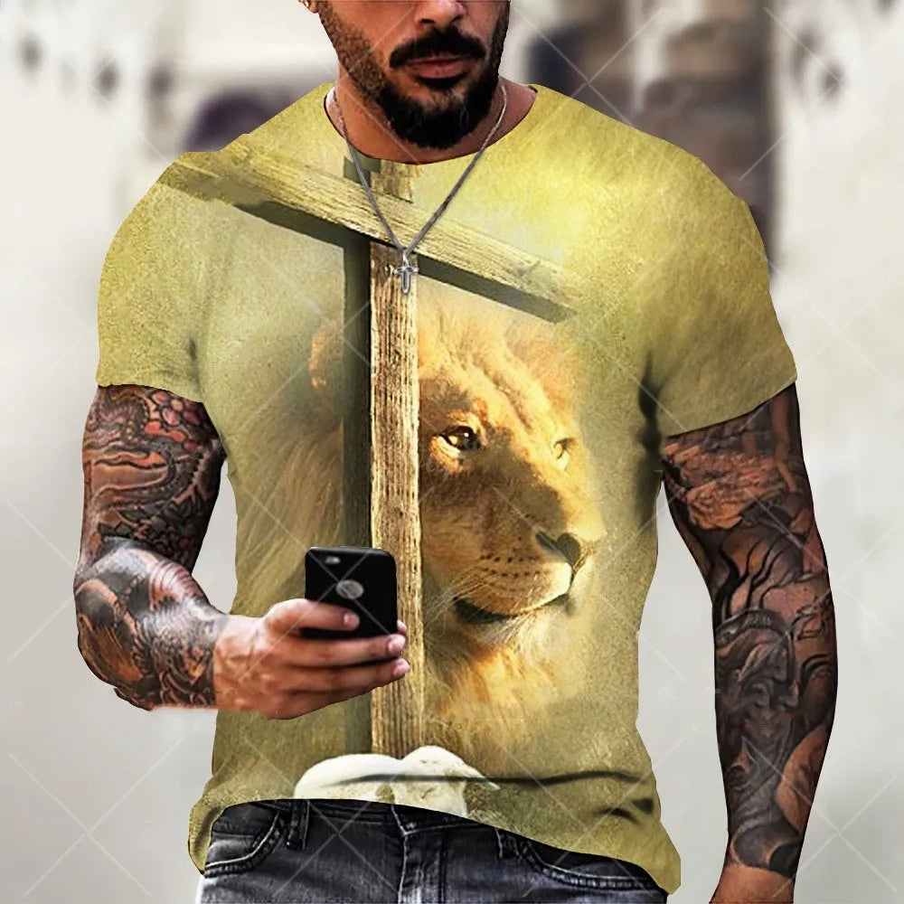 Men's grey t-shirt featuring a 3D printed Jesus pattern on the front, with short sleeves.