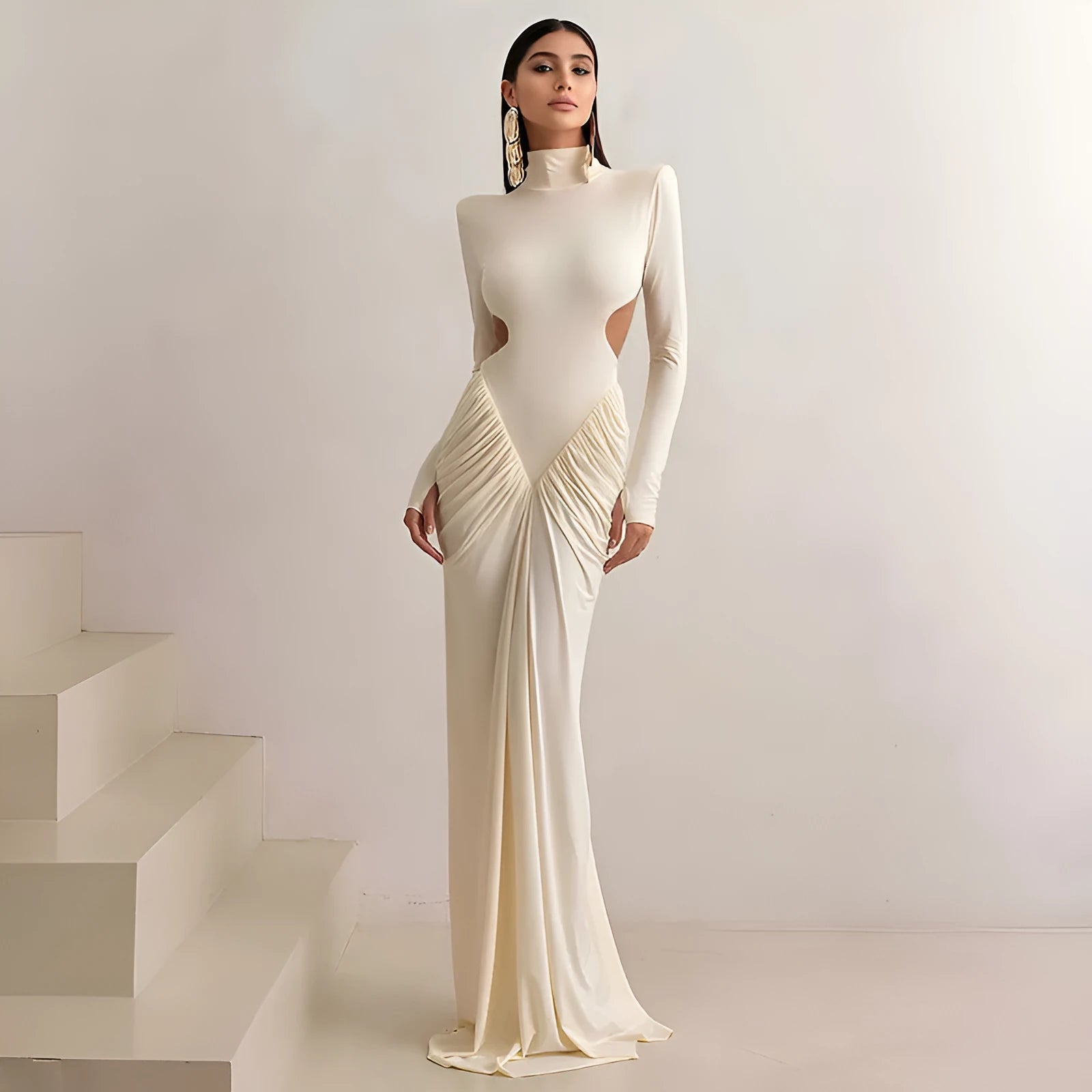 Women's slim fit high collar backless dress with long sleeves and pleated detail