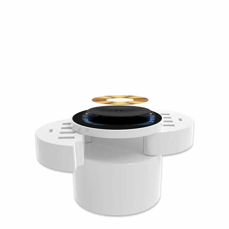 Smart phone multi-port wireless circular charger in ceramic white with LED indicator and USB interface