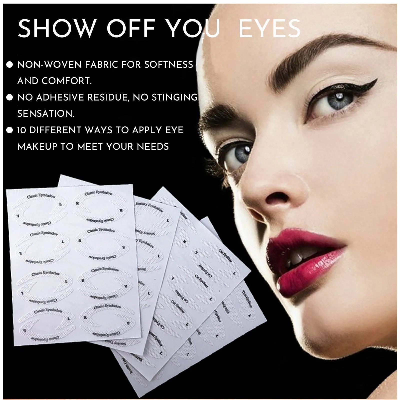 Four reusable flexible eyeliner stencil templates for makeup application on wooden surface