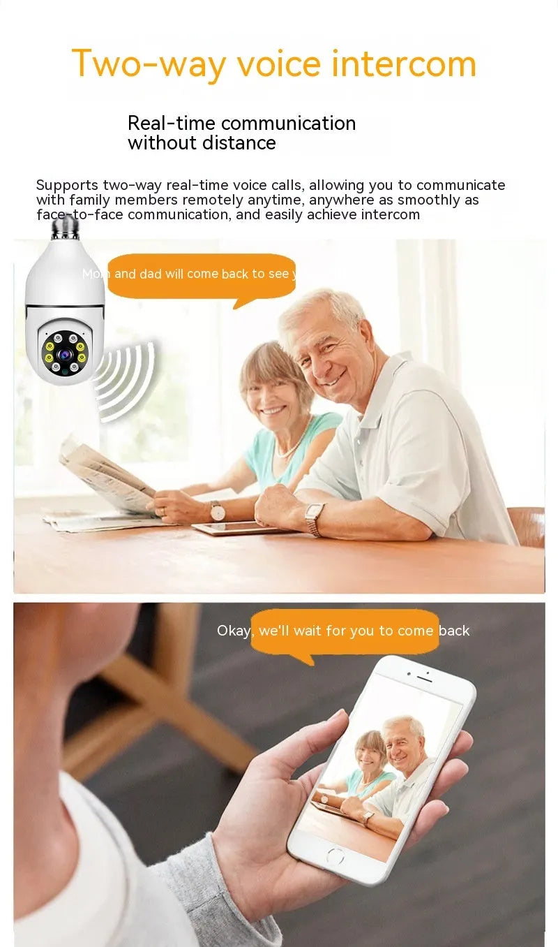 Wireless bulb security camera with compact 5cm by 12cm size and dual-band connectivity for indoor outdoor use