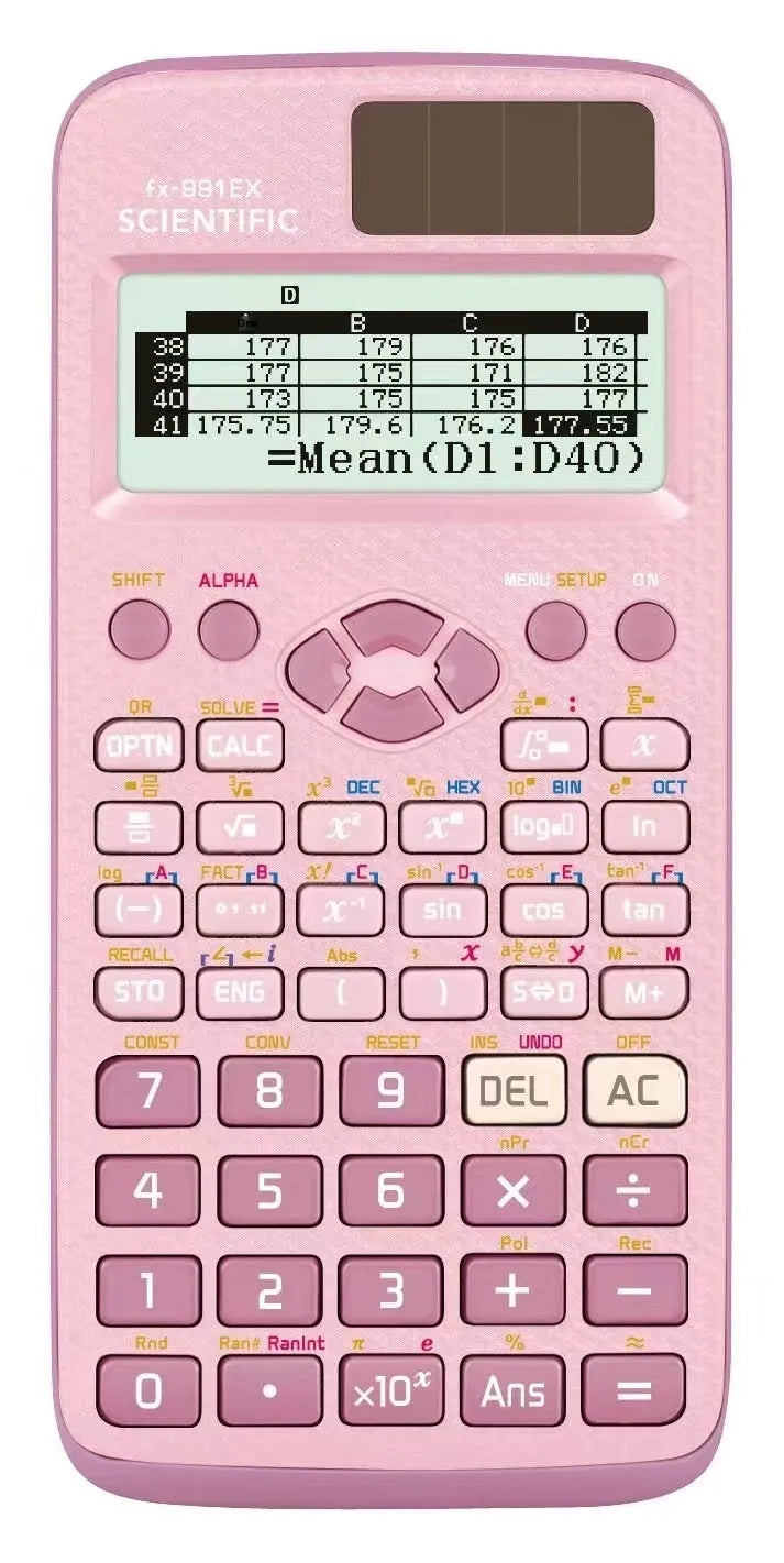 Casio fx-991EX scientific calculator in black, blue, or pink with solar panel and high-resolution LCD screen