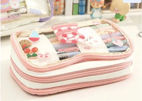 Japanese transparent pen bag with rabbit heart patterns in pink or red Korean style design