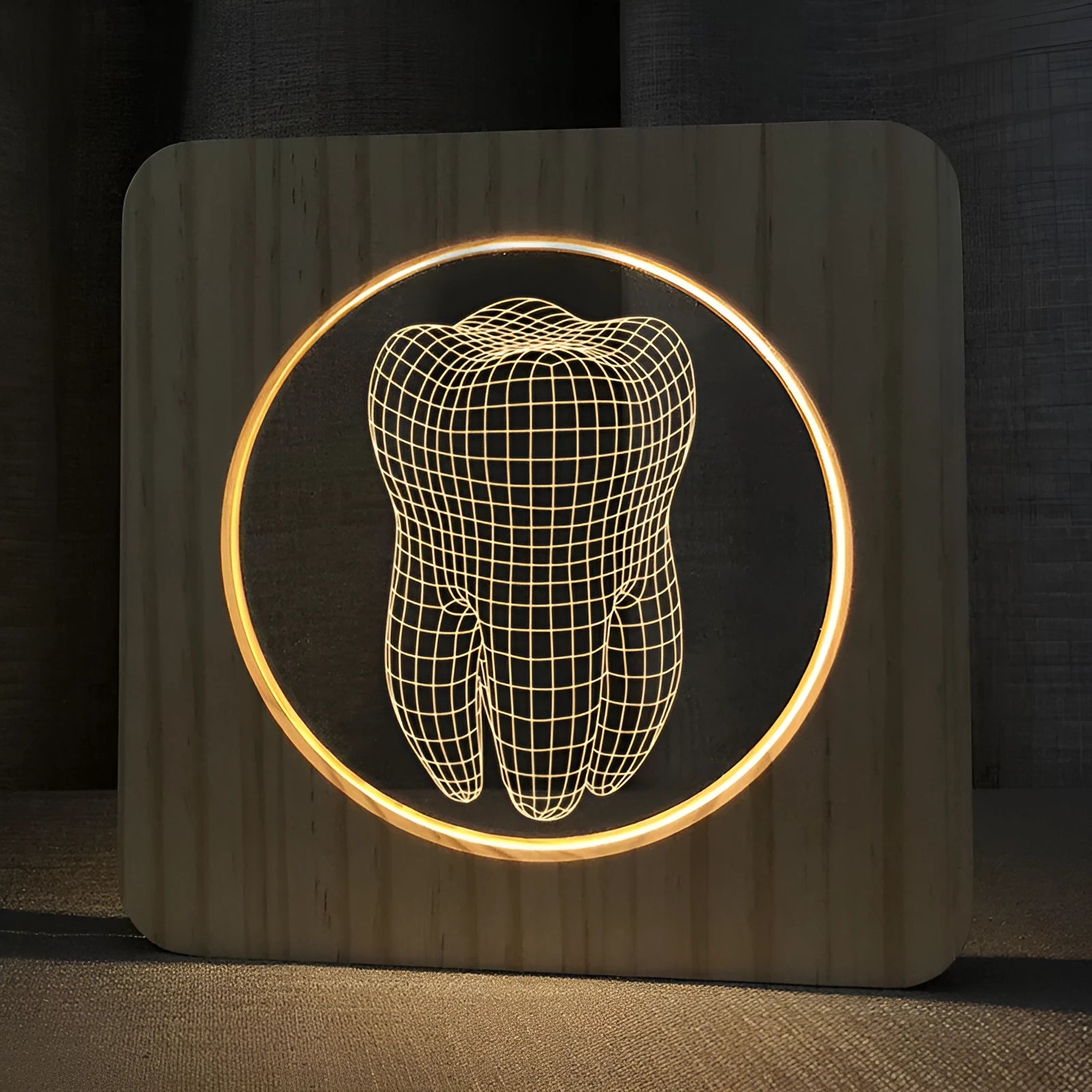 Wood colour tooth-shaped acrylic night lamp measuring 190x190x30mm with USB cable