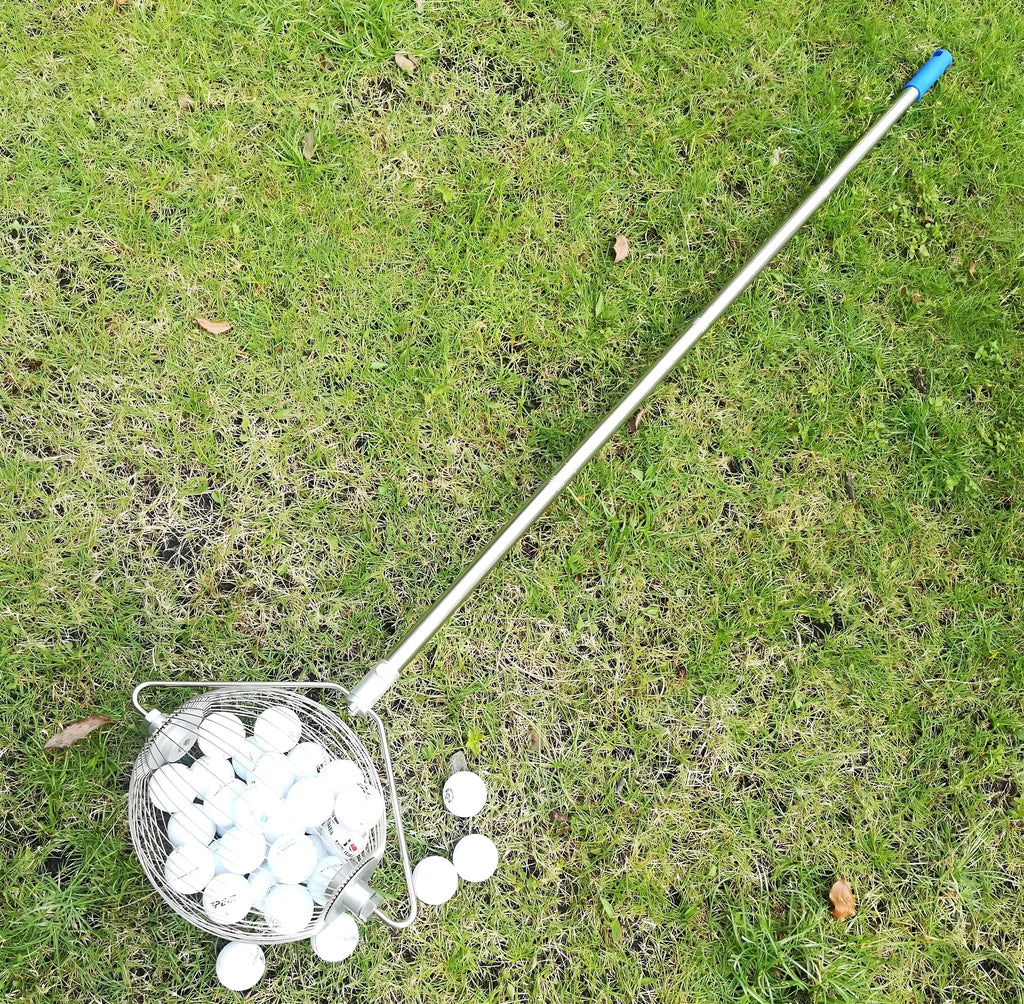 Stainless steel golf ball picker with open claw design on metallic background