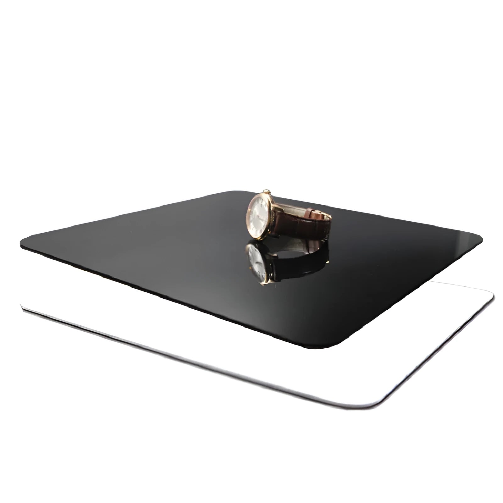 Acrylic photography reflection board in black, 30x30cm, with protective film partially peeled back