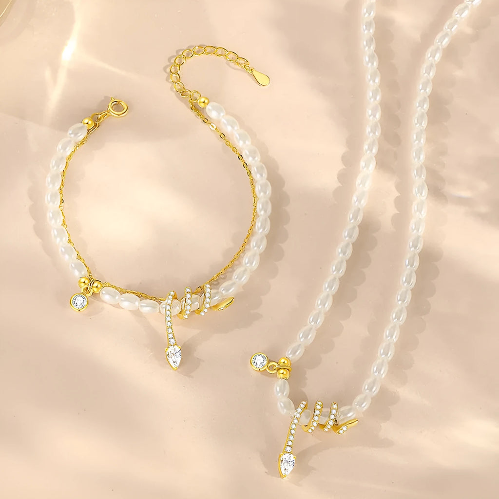 Pearl snake 925 sterling silver beaded bracelet, New Chinese style, electroplated gold colour finish