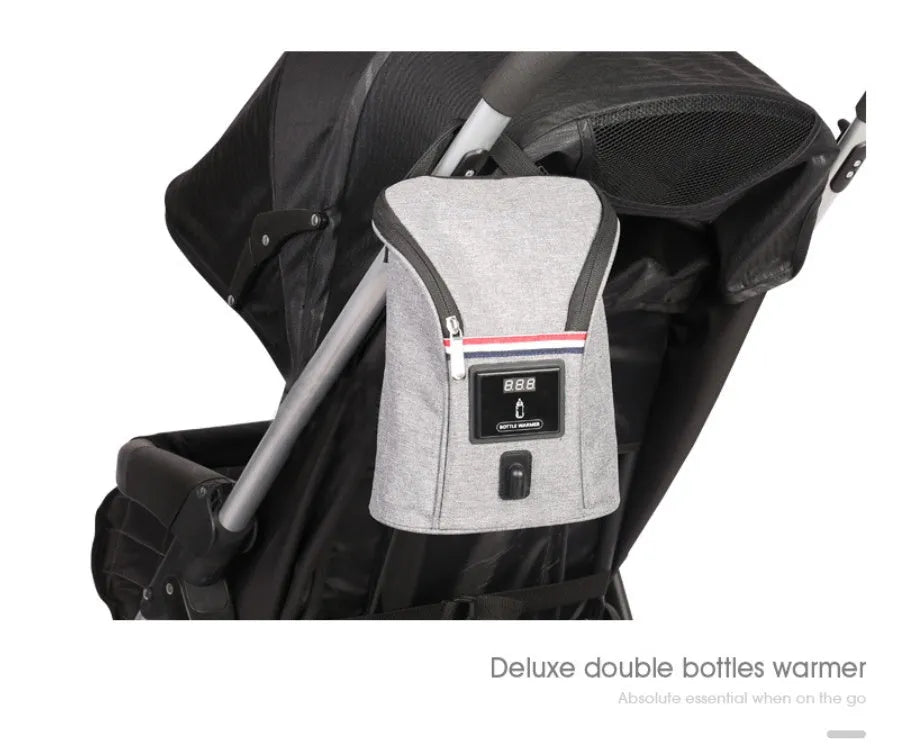 Grey Oxford cloth portable car USB baby bottle warmer with electronic display and buckle strap