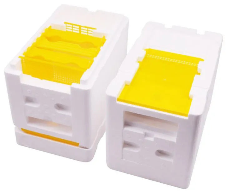 Three white EPS foam bee hive boxes for queen mating and breeding