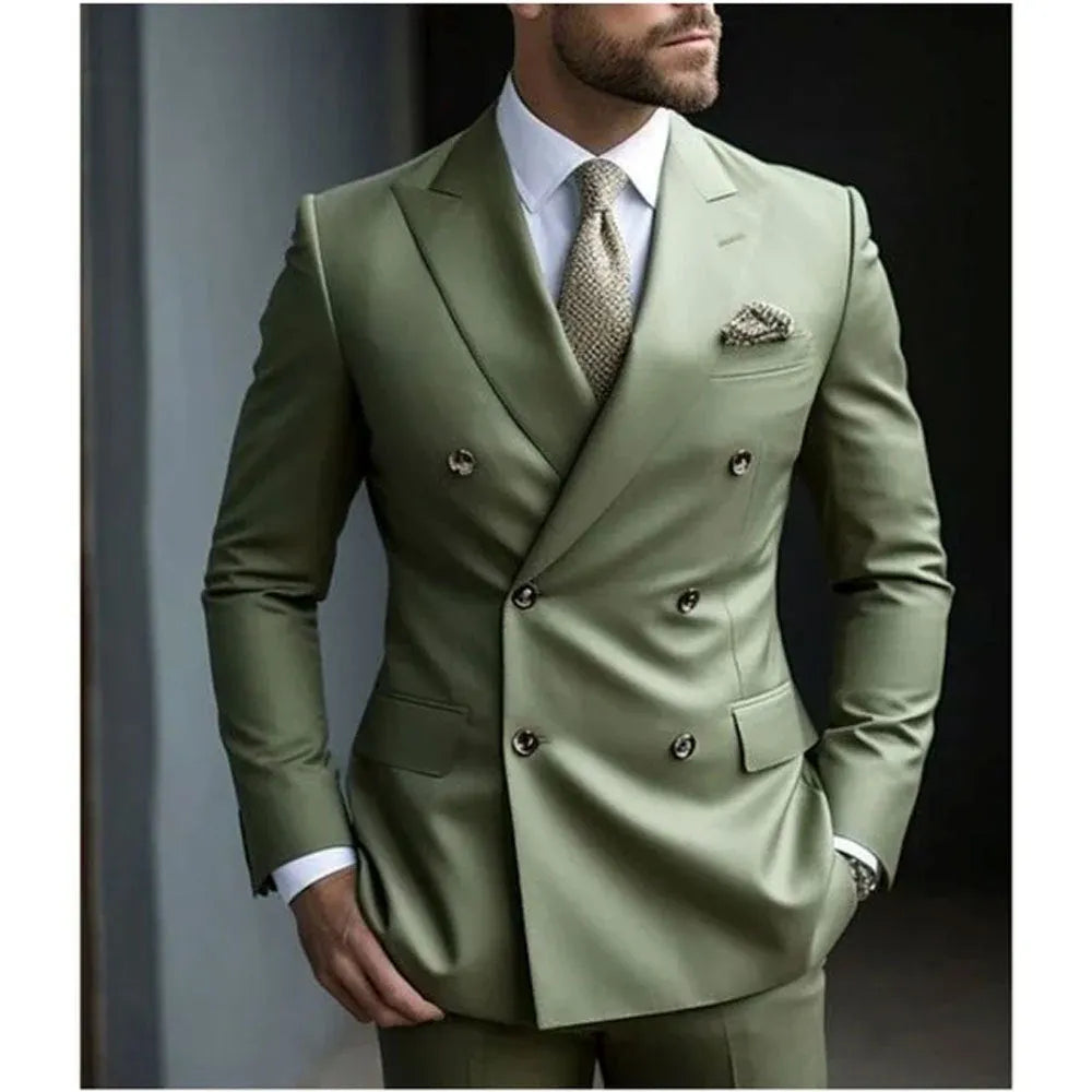 Korean slim fit men's two-piece suit in grey on a model, showing business casual style