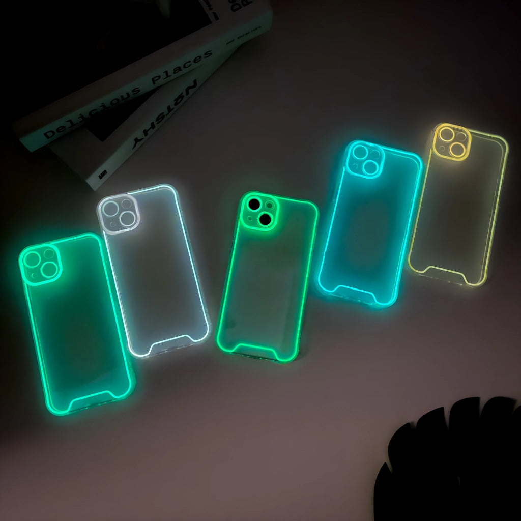 Glow in the dark soft TPU phone case for iPhone in blue, green, orange, pink and yellow colours.