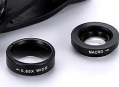0.65X wide-angle fisheye macro three-in-one clip-on lens for smartphone cameras in black