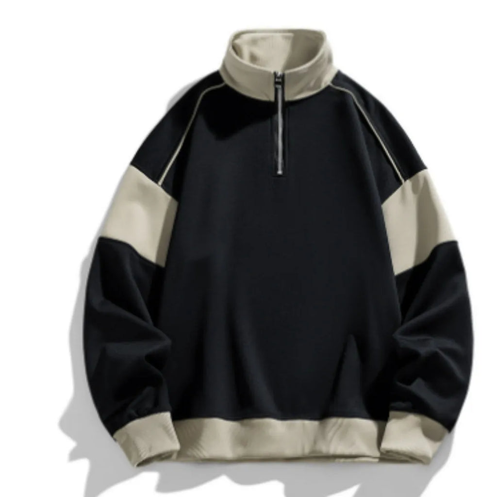 Men's beige hooded corduroy sweater with drop shoulder design and loose lapels