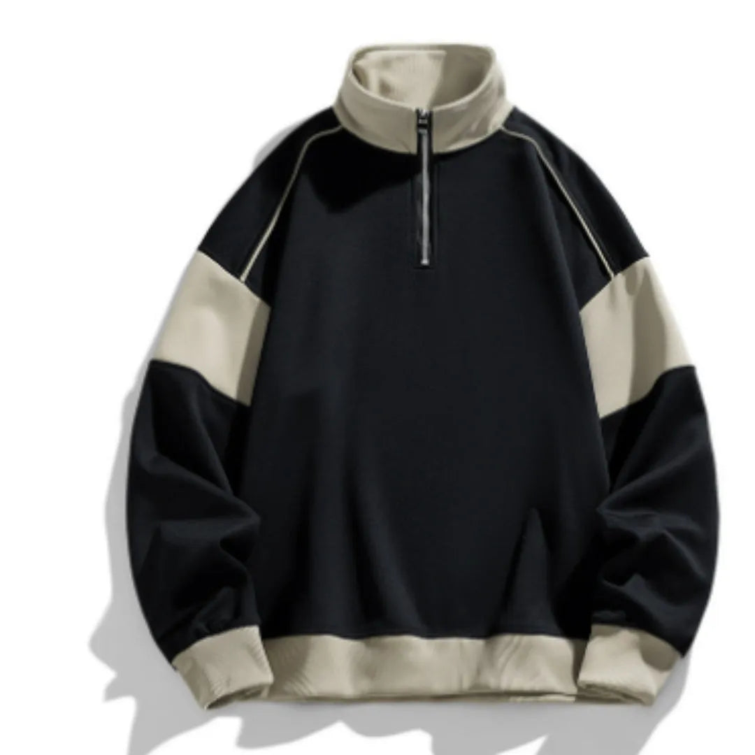 Men's beige hooded corduroy sweater with drop shoulder design and loose lapels