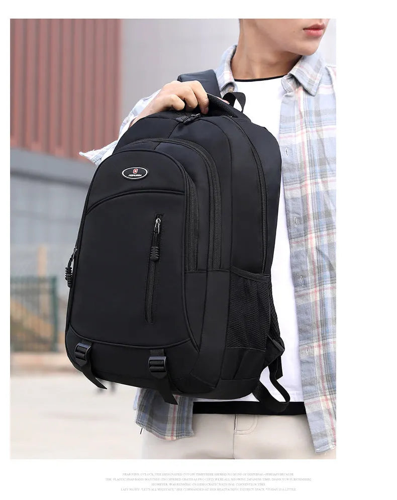 Nylon waterproof schoolbag with airpillow straps, in black, blue, gray, and red colours