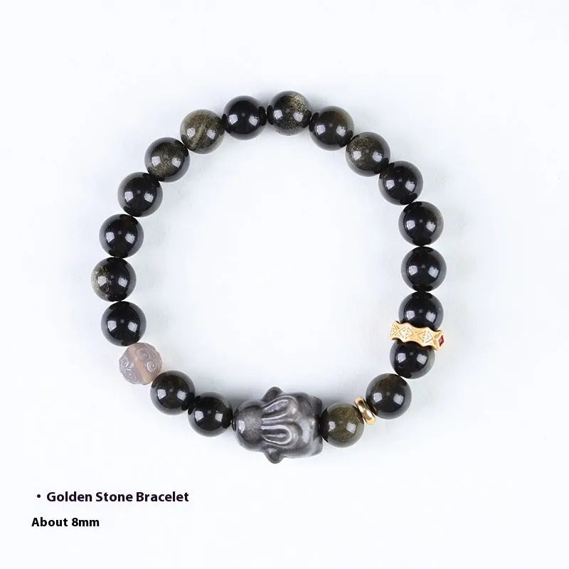 Handmade national style bracelet with lying rabbit Jin Yaoshi charm on neutral background, 8mm beads