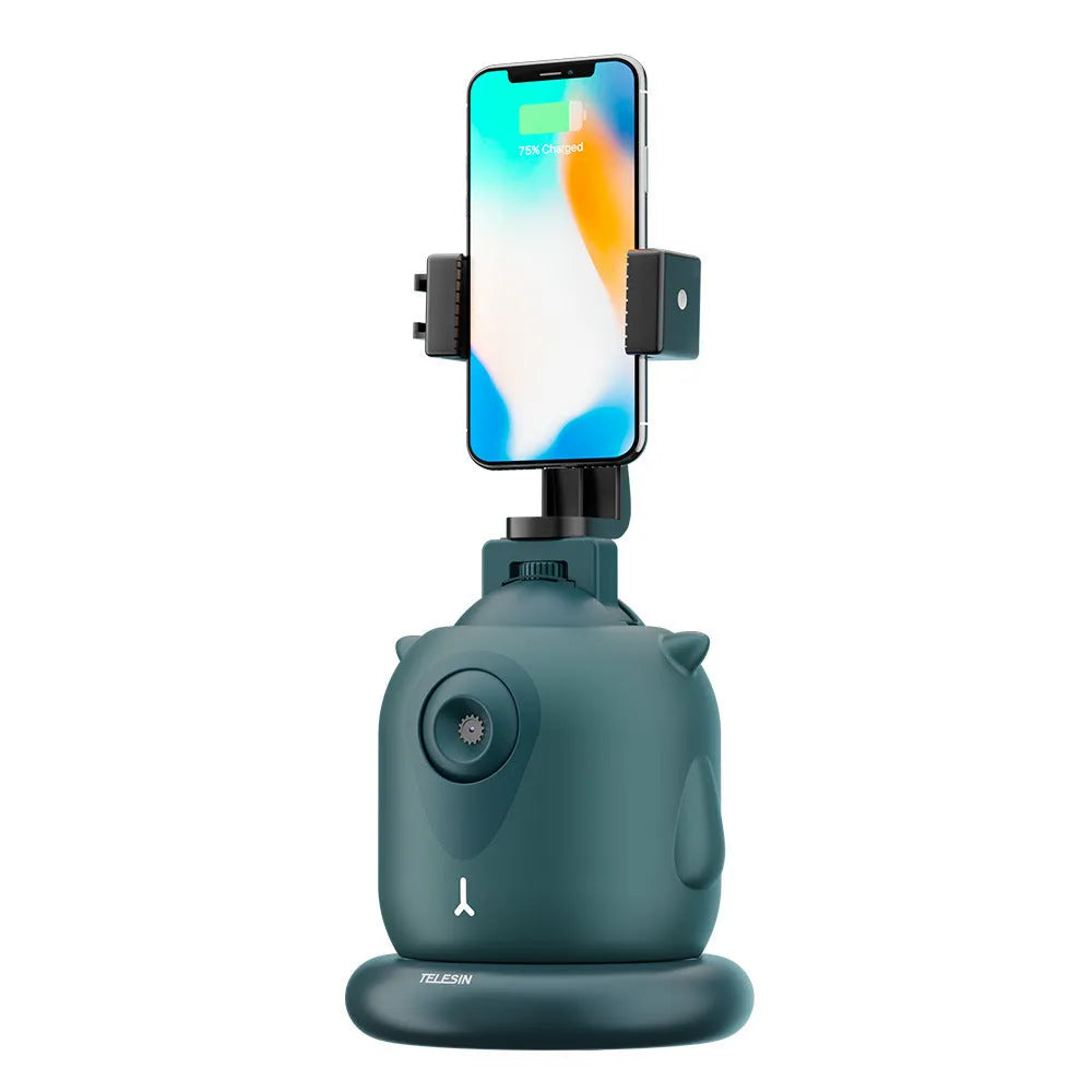 Dark green smart AI tracking gimbal showing 360 rotation for camera and phone