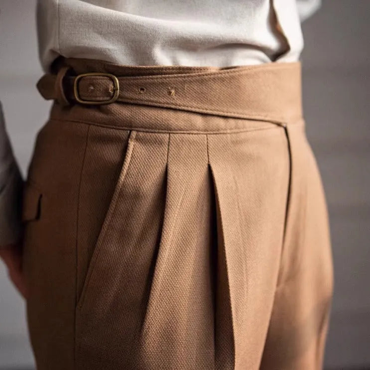 Men's black high-waist straight-leg casual trousers laid flat.