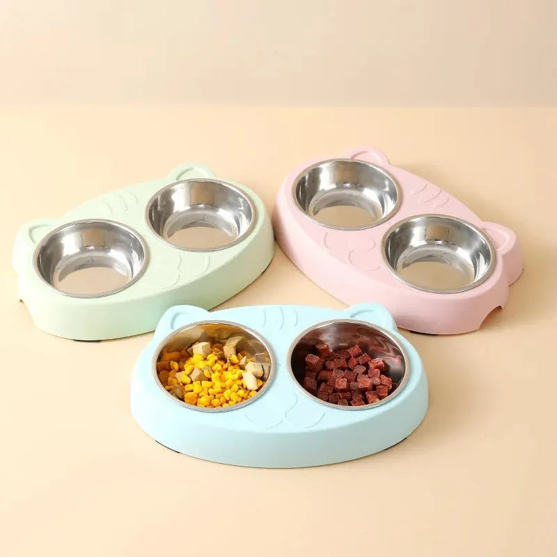 Blue plastic pet feeder tray with two raised bowls for cat or small dog food and water