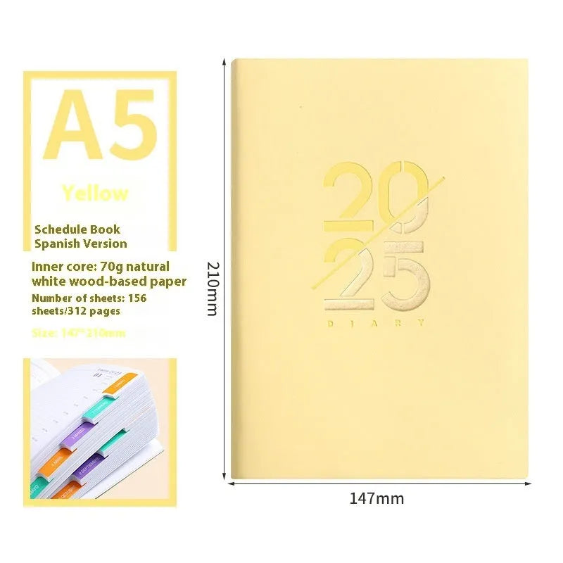 A5 2025 daily schedule book with faux leather cover in blue colour, open to show lined pages and thread binding.