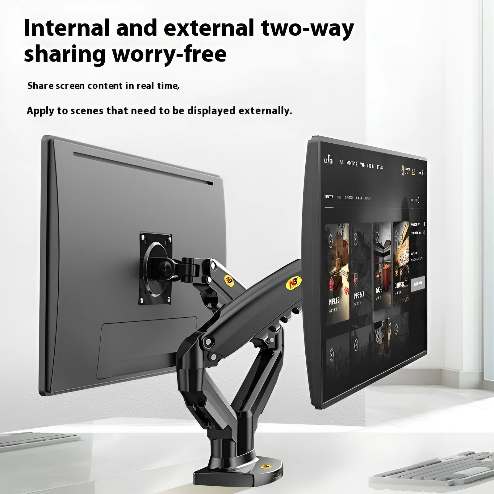 Dual screen computer monitor desktop rack with aluminium alloy bracket and mechanical height adjustment mechanism