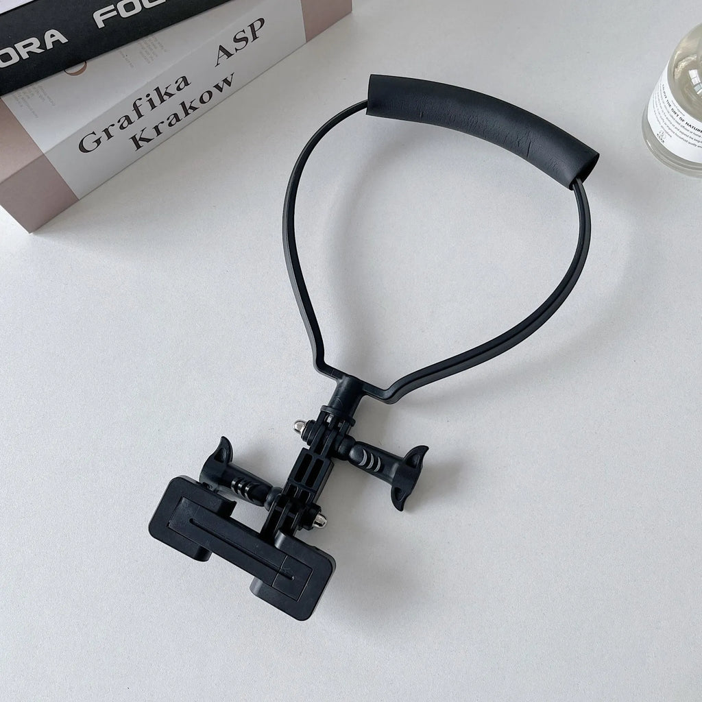 Black plastic cell phone neck hanging bracket with anti slip cushion and extension for horizontal vertical shooting